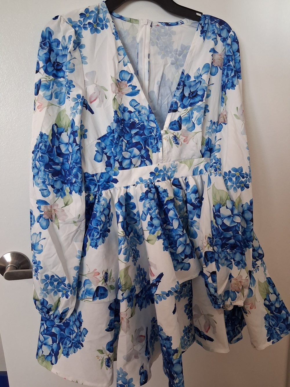 Girls White Dress with Blue Floral Print